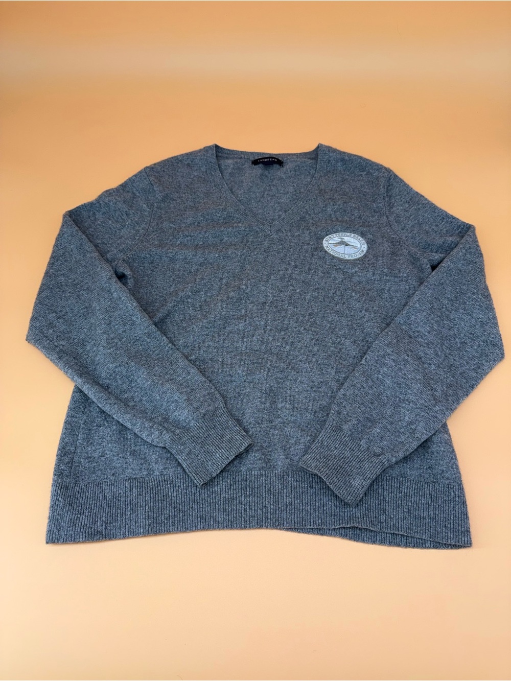 Lands End 100% Cashmere Gray V-Neck Sweater with Chest Patch